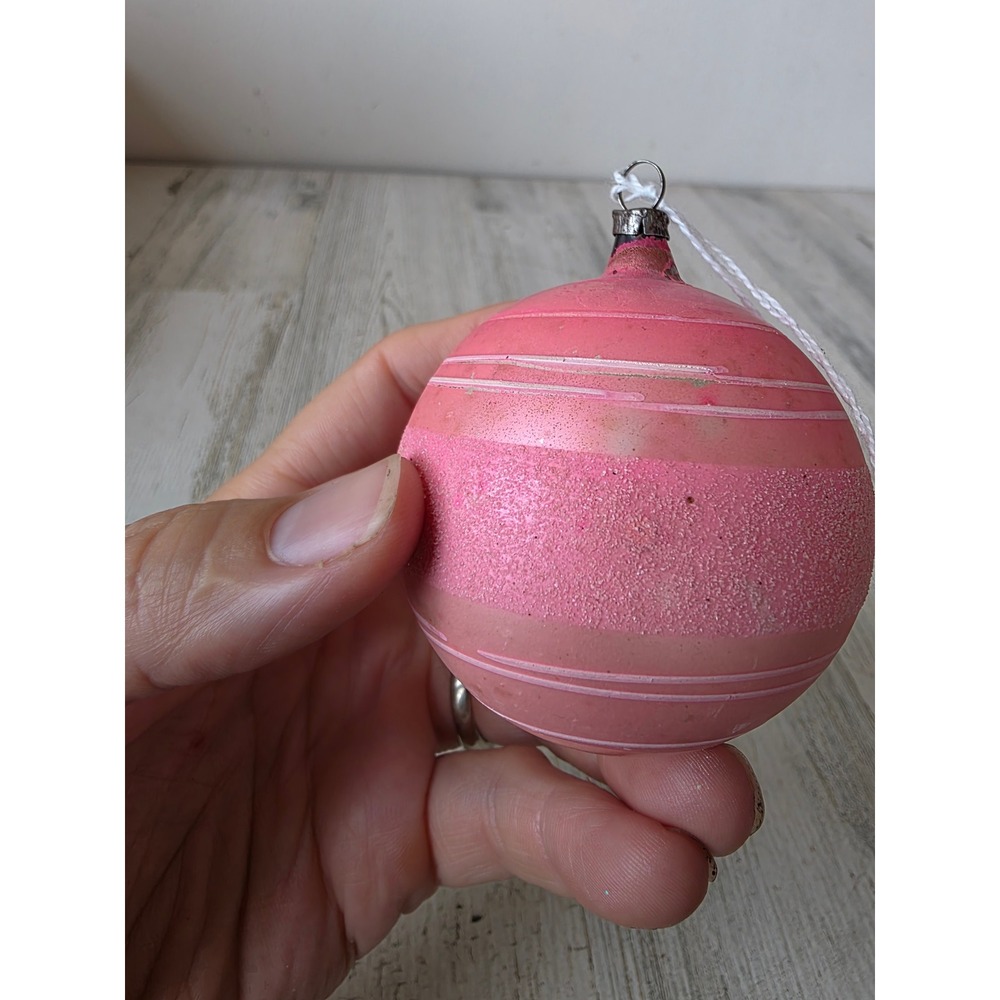 Vintage striped Mica matte pink Glass Mercury ornament on silver Xmas tree